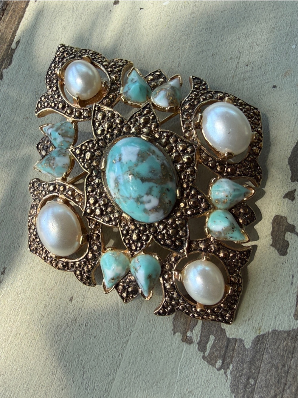 Turquoise and Pearl Floral Brooch SARAH COVENTRY vintage